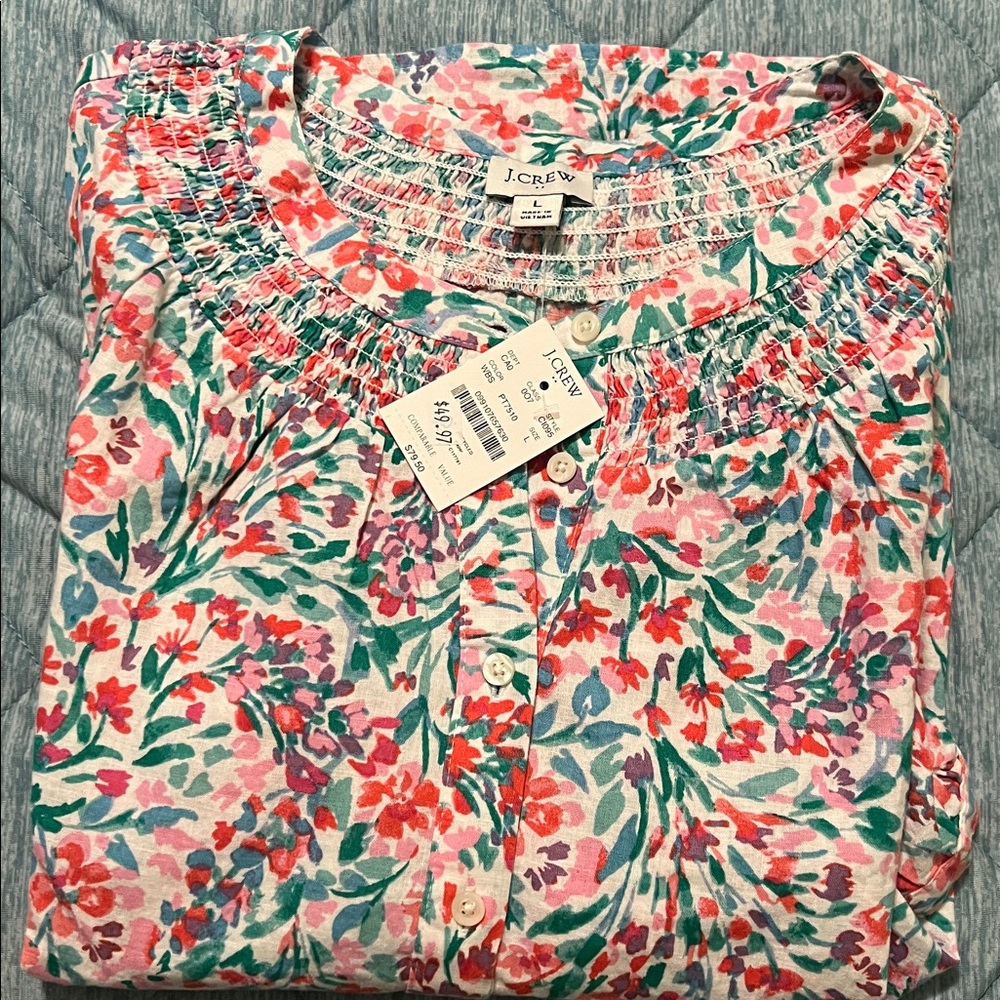 NWT, J.CREW FLORAL, SHORT SLEEVE TOP, COTTON/LINEN SIZE L - Picture 2 of 10